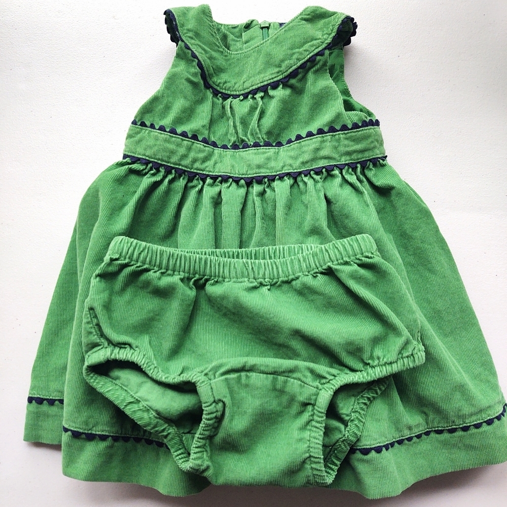 Baby Gap Green Corduroy Dress & Diaper Cover Navy Trim Size 6-12 Months Months